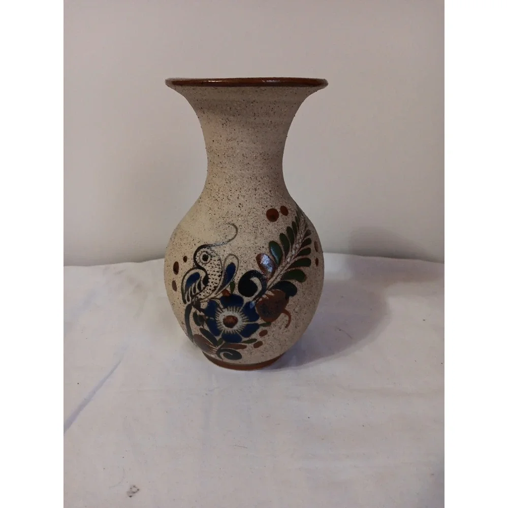 Vtg Sandstone Vase 6 Inch Mexico Hand‎ Painted Blue Bird Floral Art Decor Signed